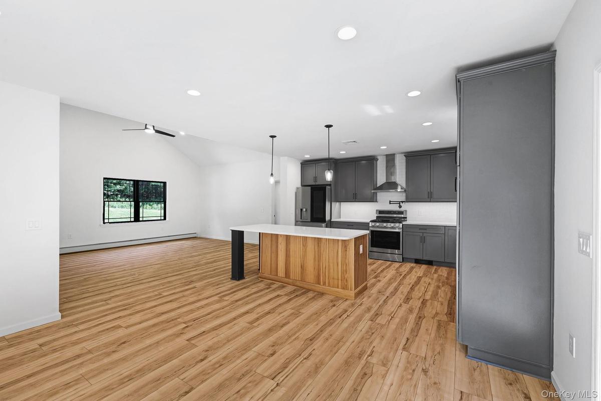View from back door to kitchen and living room.