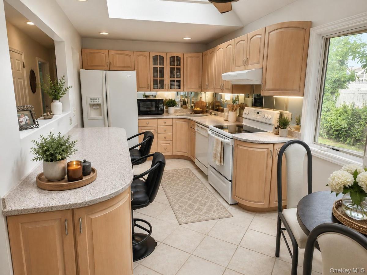 Eat-in-kitchen featuring light wood cabinetry, white appliances, speckled countertops, and white tile flooringDigitally staged eat-in-kitchen showing 
