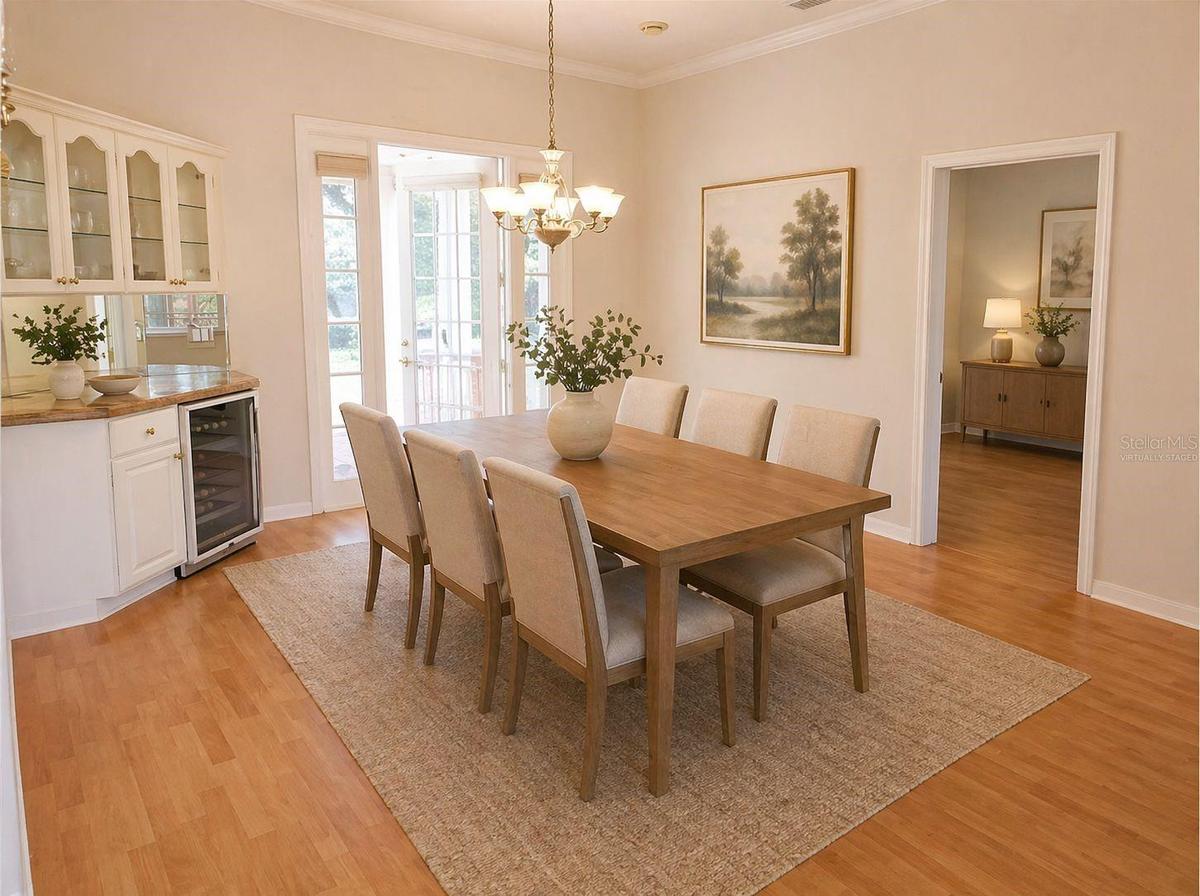 Virtually Staged formal dining room and built in hutch and wine cooler