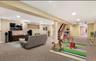 Living area featuring carpet flooring, stairway, recessed lighting, and rail lighting