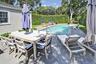 View of swimming pool with a patio, outdoor dining space, and a fenced backyard