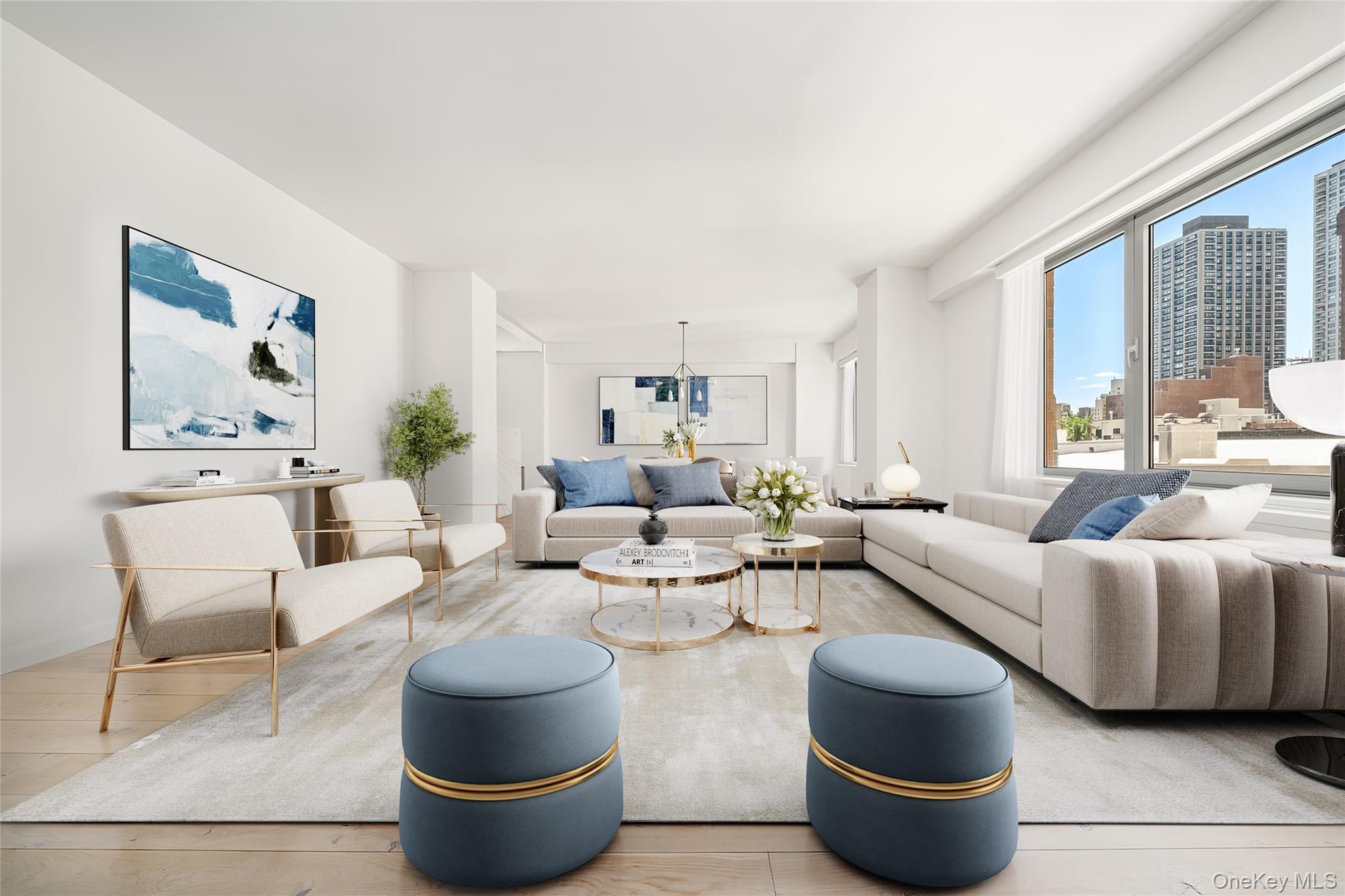 Spacious living area featuring expansive windows, wood-finish flooring, and white walls