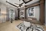 The den/office is enhanced by a wallpaper accent wall, wood columns, custom built-in cabinetry and double tray ceiling with wood detail.