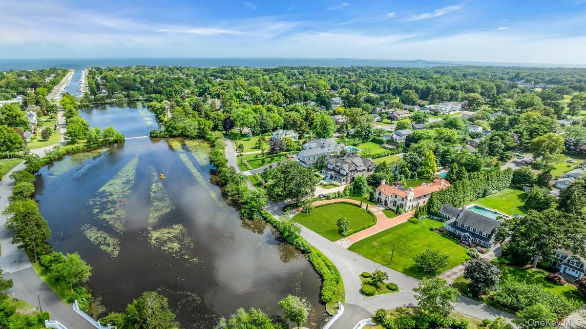 Aerial south view of property's location with view of The Cascade Lakes and the Great South Bay