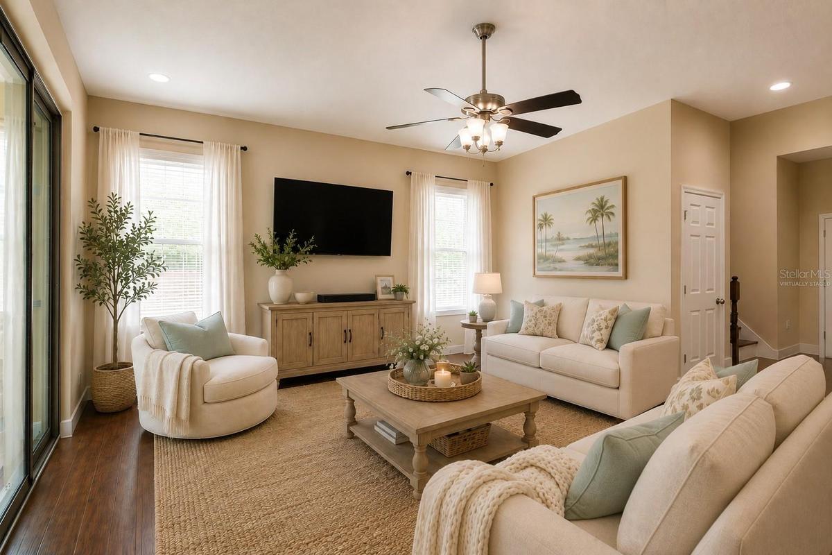 Virtually staged great room.