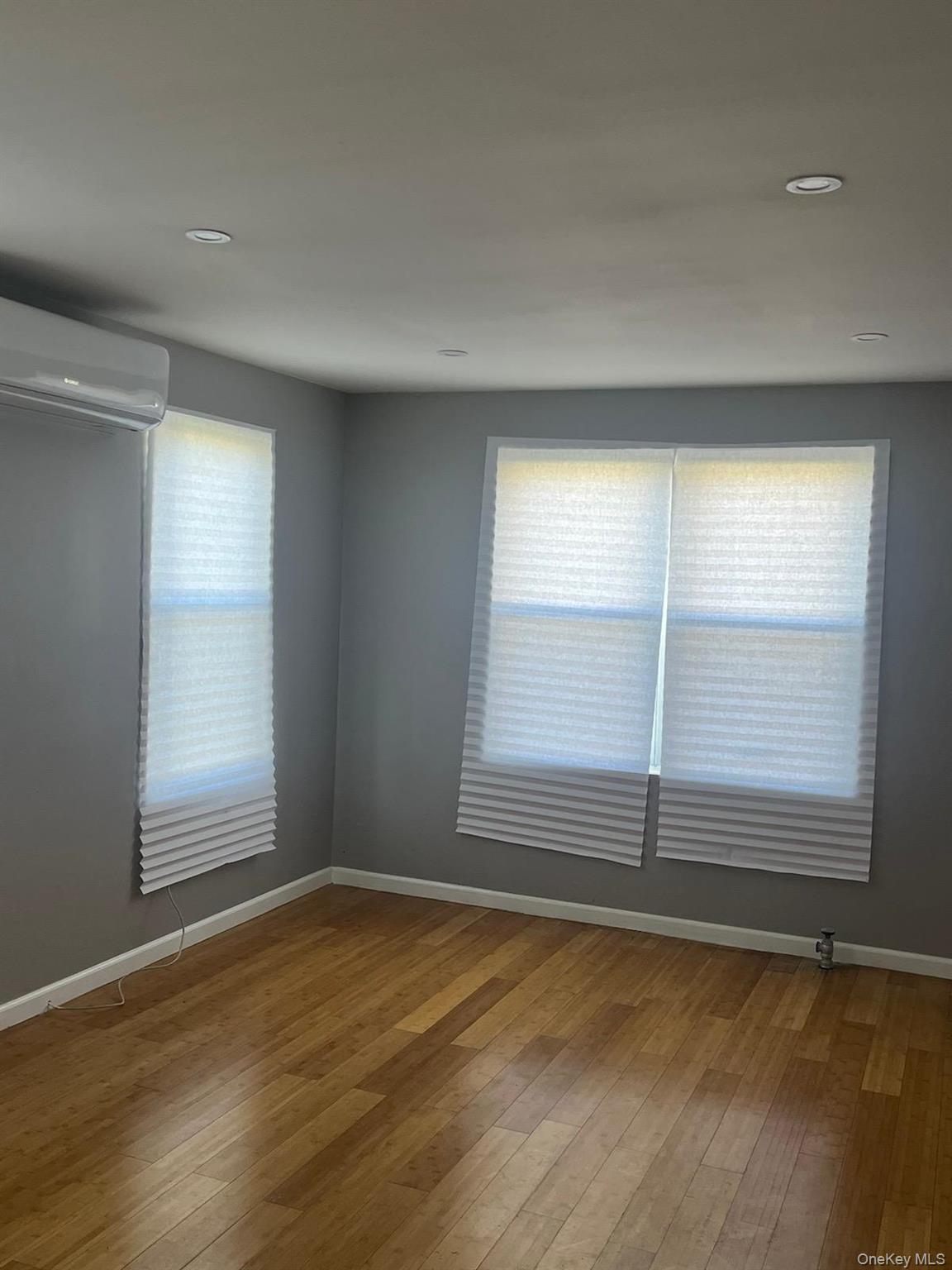 Empty room featuring a wealth of natural light, wood finished floors, and an AC wall unit