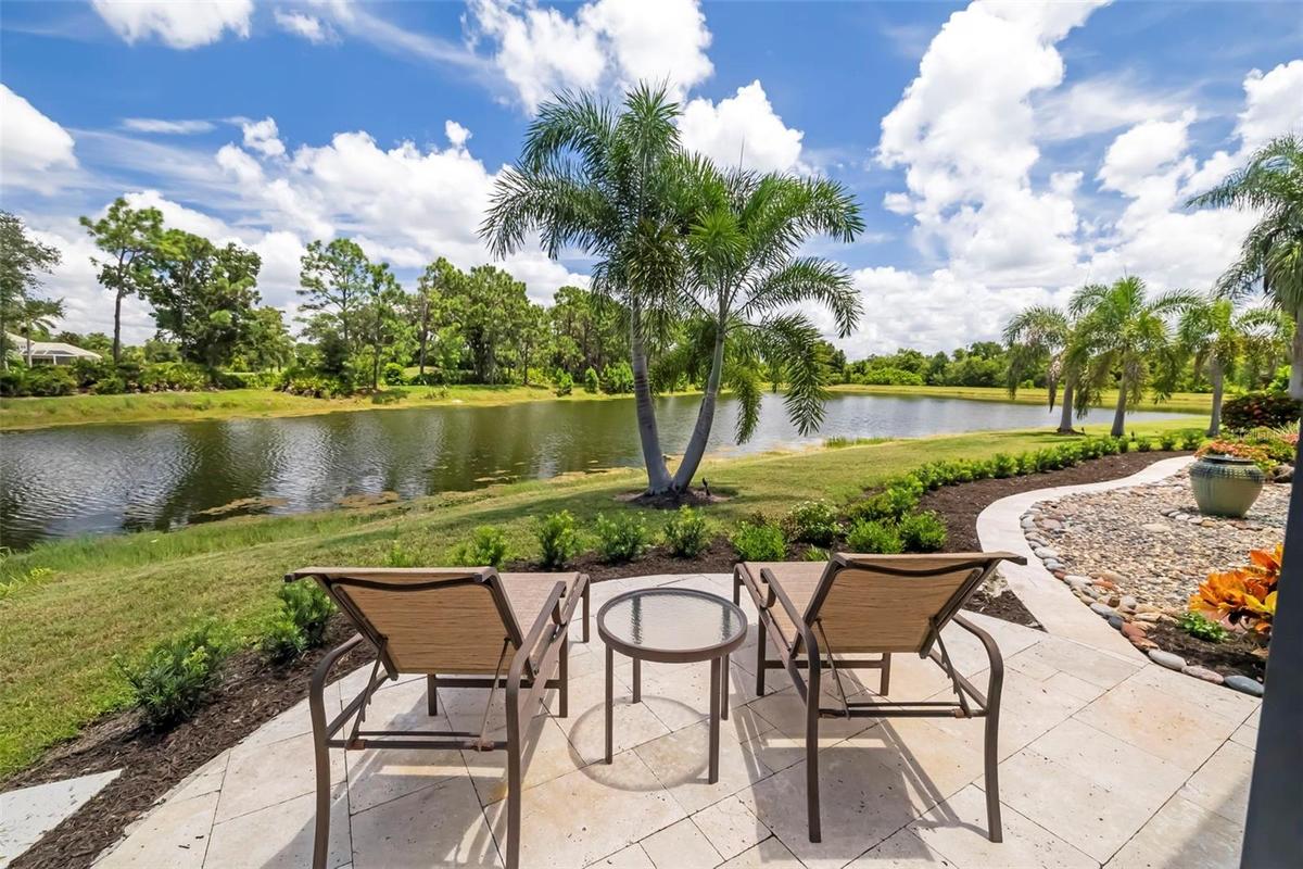 Outdoor patio and lake view