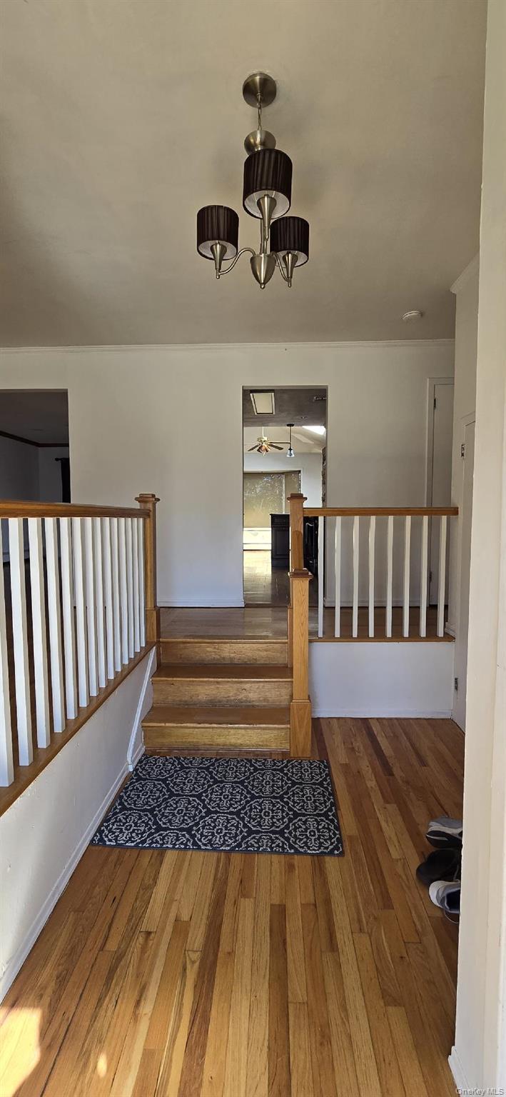 Entry foyer featuring wood-finish flooring, a contemporary chandelier, and a split-level staircase with wood railings and white balusters
