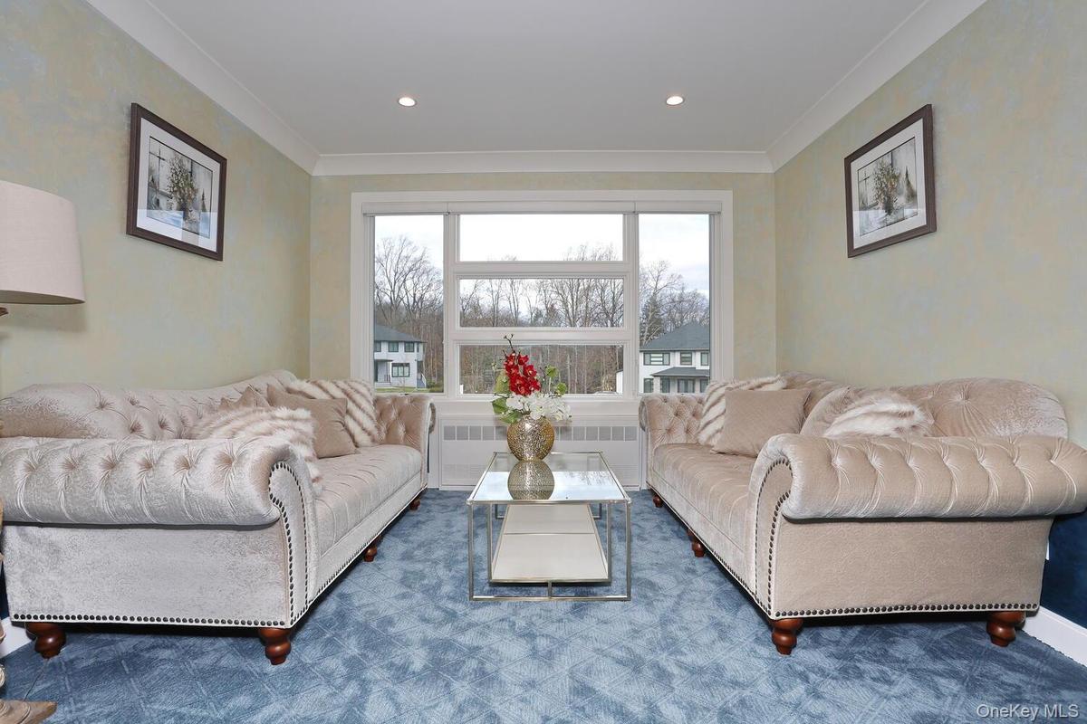 Living area with ornamental molding, radiator heating unit, and recessed lighting