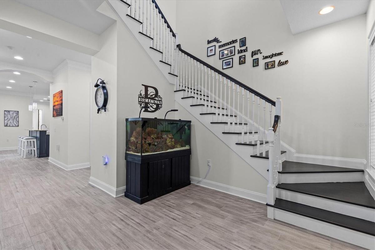 Foyer and stairs to second level. Large walk-in storage and guest bath just beyond stairs. Open kitchen beyond that.