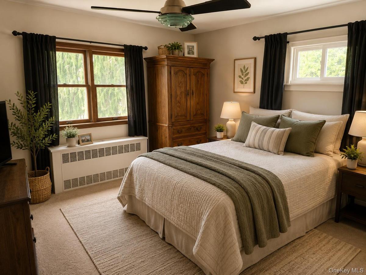 Primary bedroom with dual windows with wood trim and white sashes providing natural lightDigitally staged primary bedroom showing upgrade options