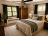 Primary bedroom with dual windows with wood trim and white sashes providing natural lightDigitally staged primary bedroom showing upgrade options