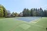 Full-sized tennis court with a perimeter fence, surrounded by mature trees