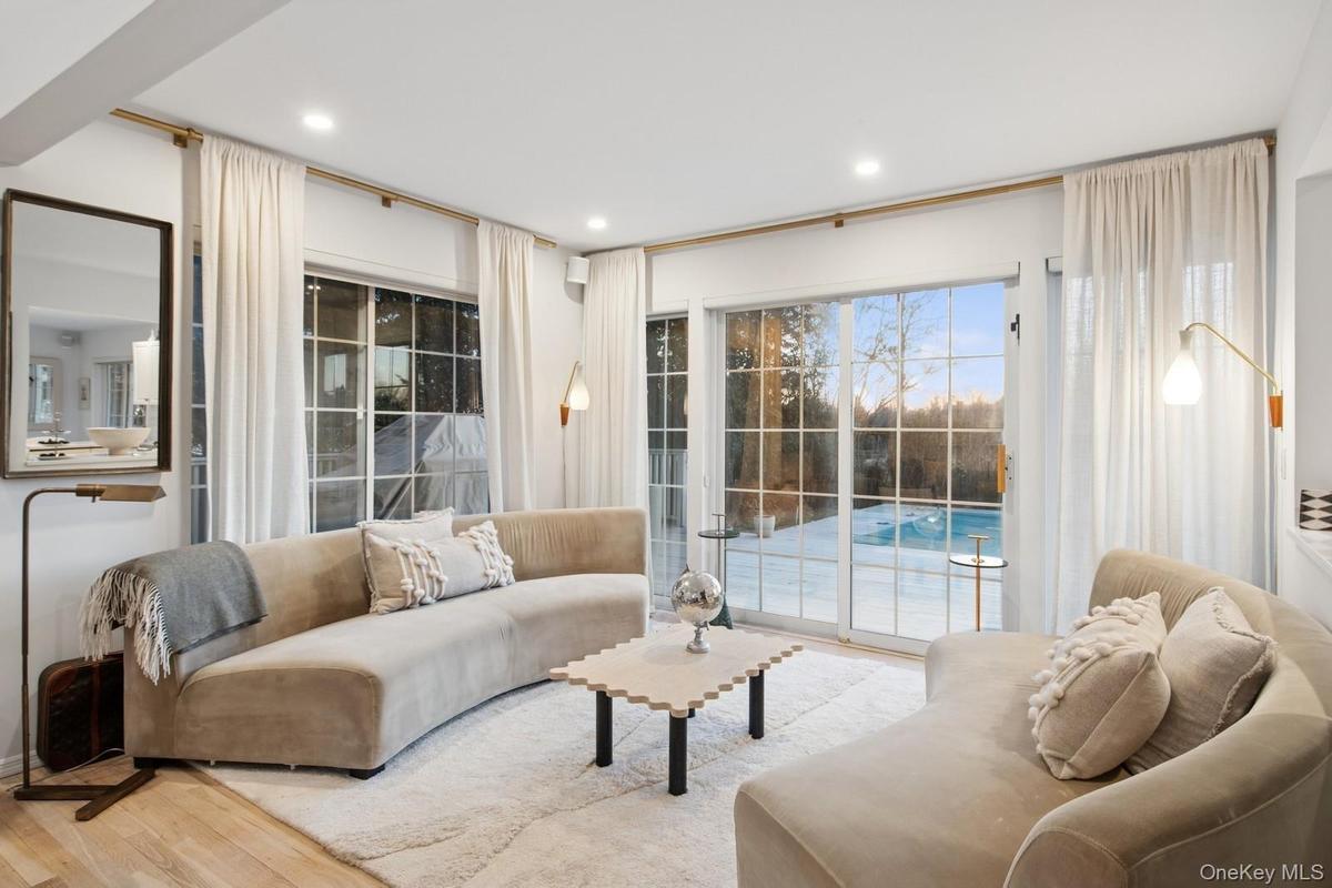 Living room with wood finished floors and recessed lighting