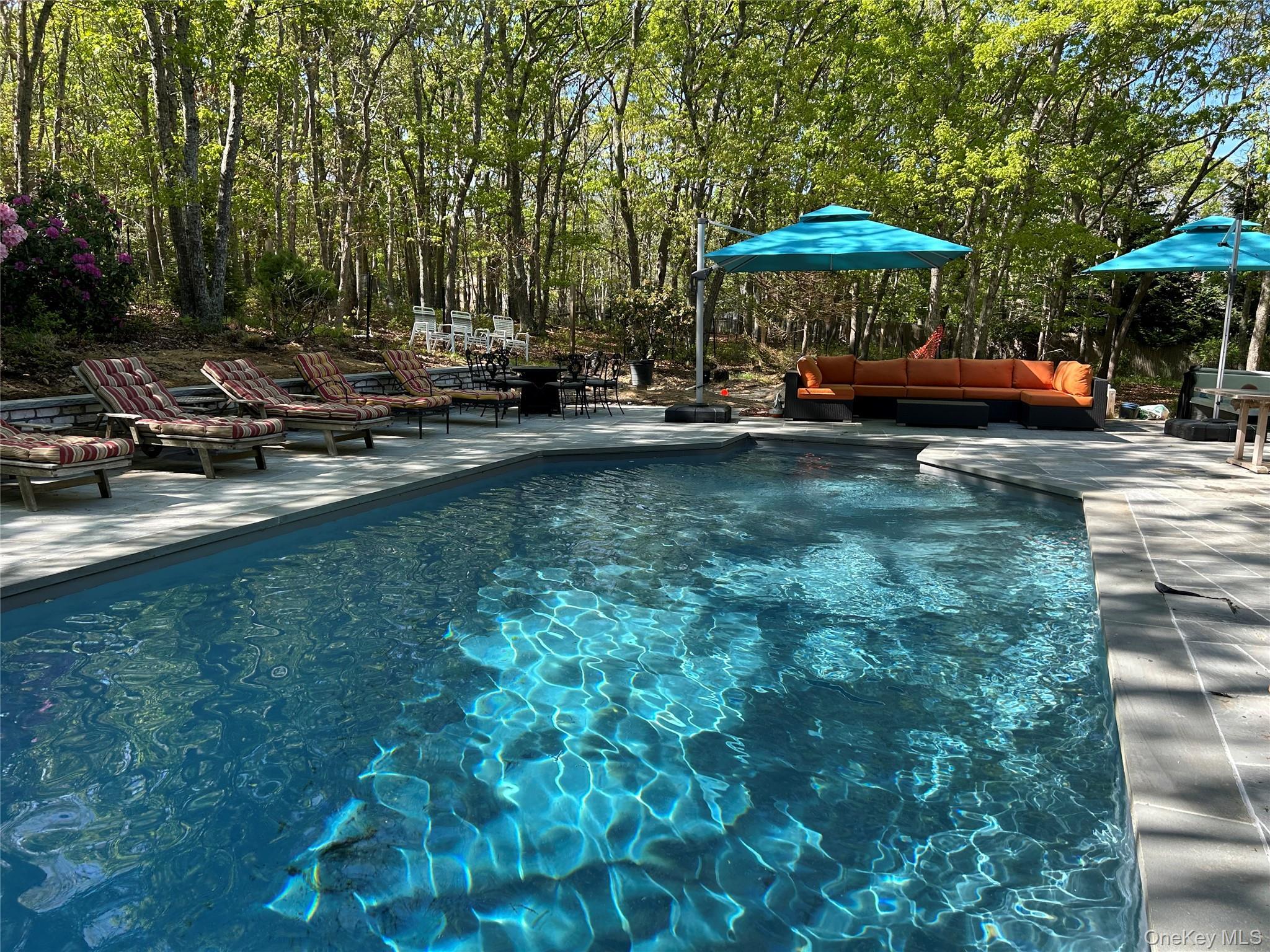 Outdoor pool with a patio and outdoor furniture