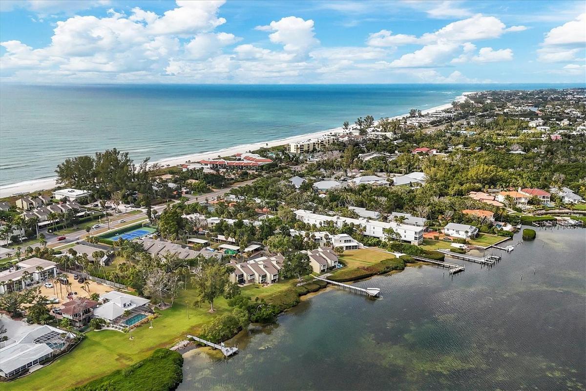 Arial with Walkable Gulf to Bay Access