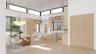 Soaring ceilings and clerestory windows bathe the kitchen in natural light, illuminating custom oak cabinetry and a sculptural marble island designed