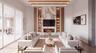 Great room with modern inset fireplace, stunning feature wall and high ceilings with beautiful wood beam details