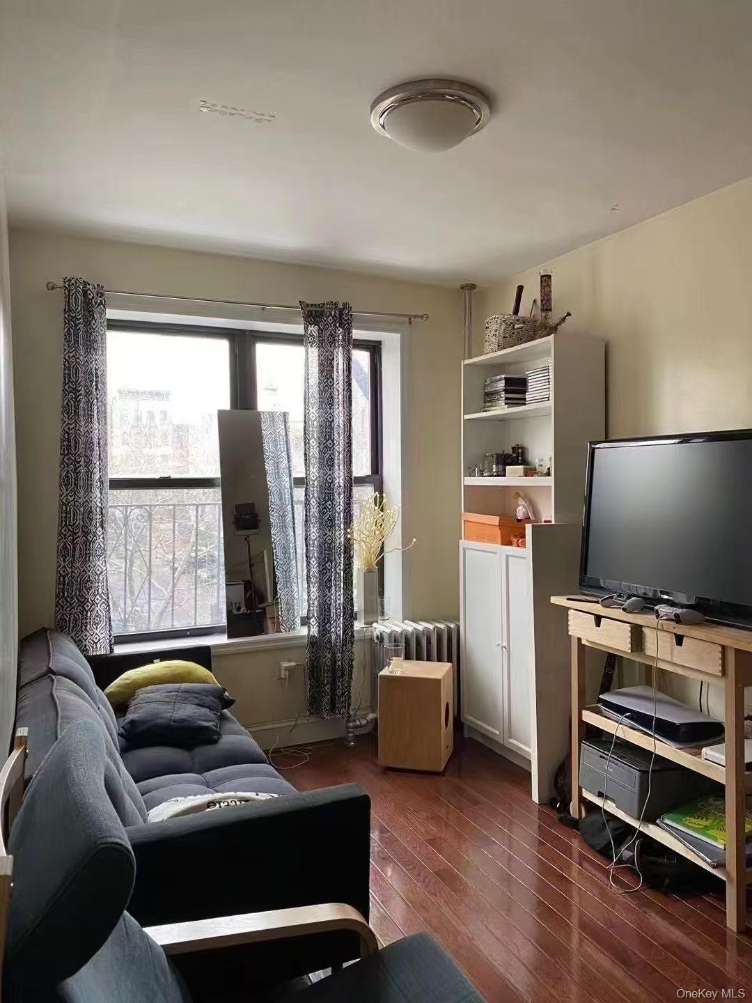 Living room with dark wood-style flooring, plenty of natural light, and radiator
