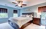 Carpeted primary bedroom featuring a ceiling fan with integrated lighting, two windows with wood slat blinds