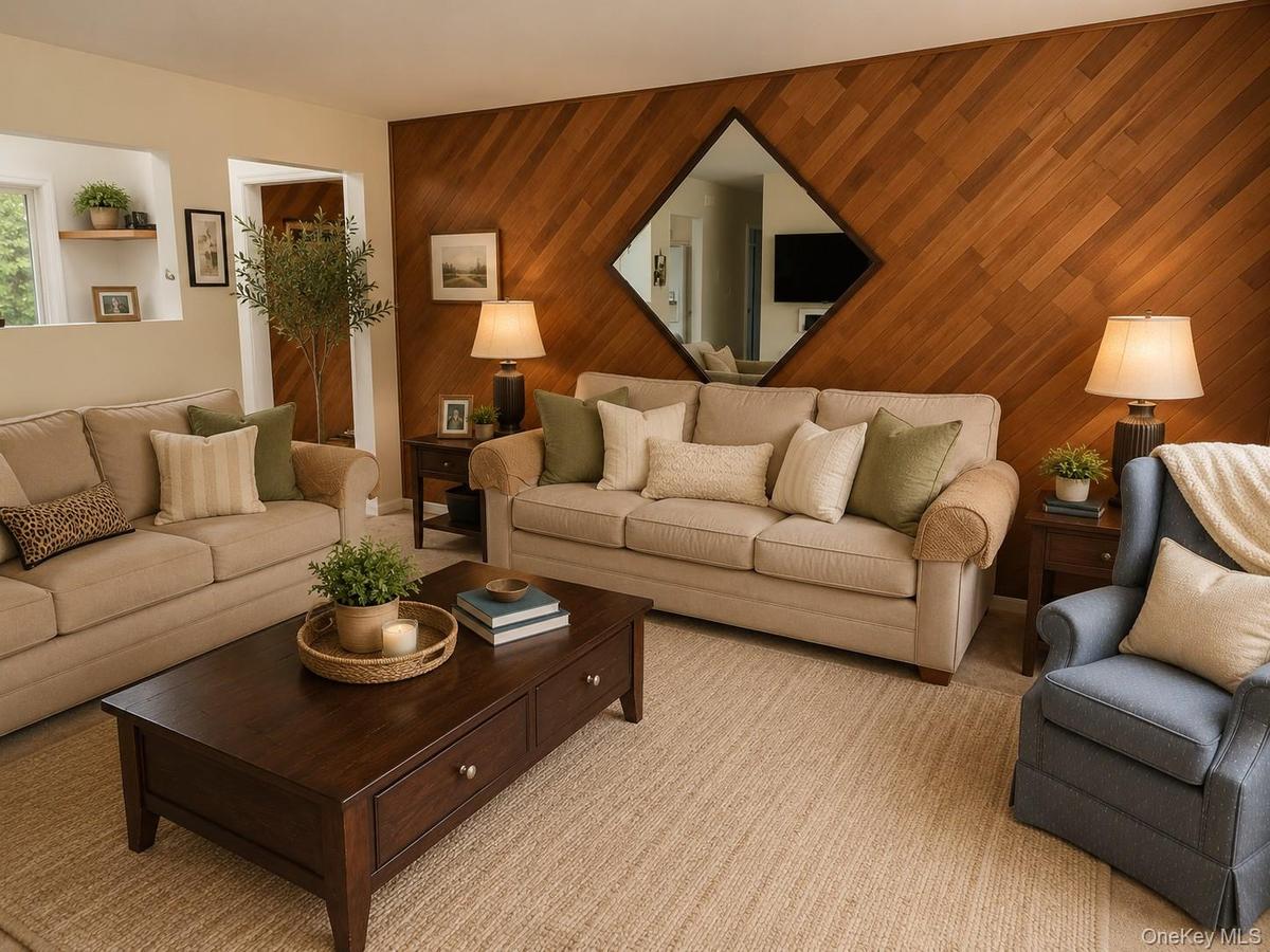 Living room diagonal wood accent wall with a diamond-shaped mirror, two sofas, an arm chair, coffee table, light color carpet and a view through into 