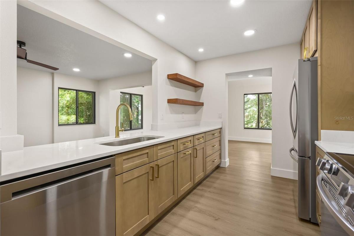 kitchen overlooks living room