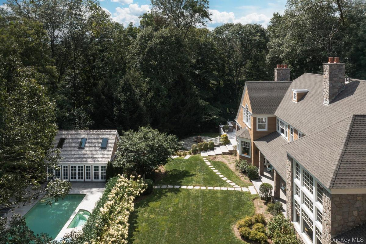 Aerial view of property and surrounding area featuring a pool