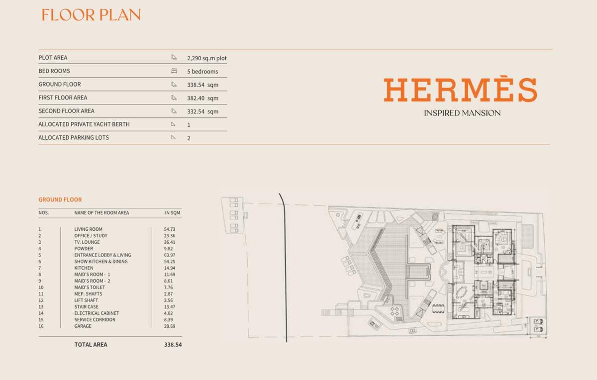 Floor plan of 5-bedroom Hermès-inspired mansion, 1,053 sqm, Amali Island Dubai