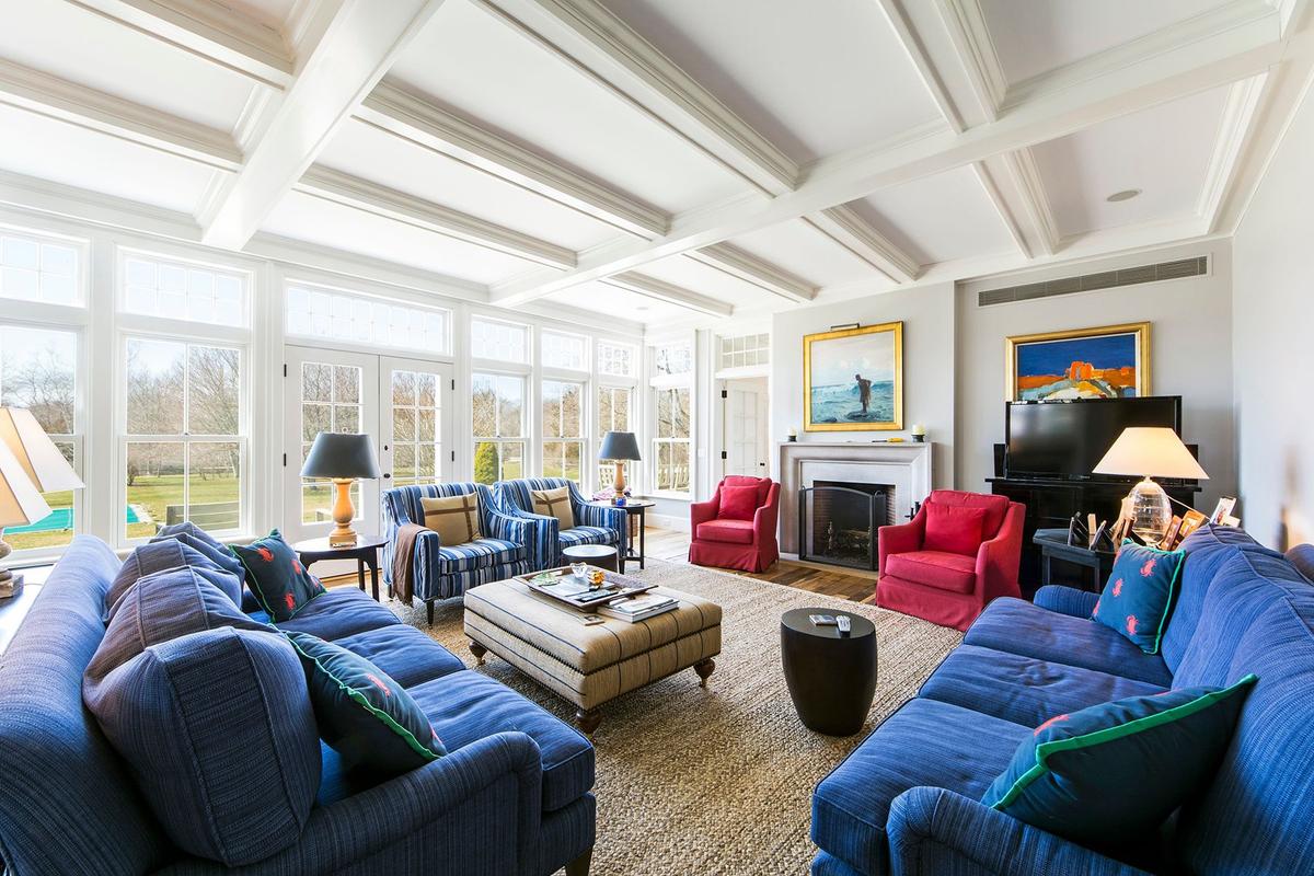Spacious Great Room with French doors to bluestone terrace & Pool