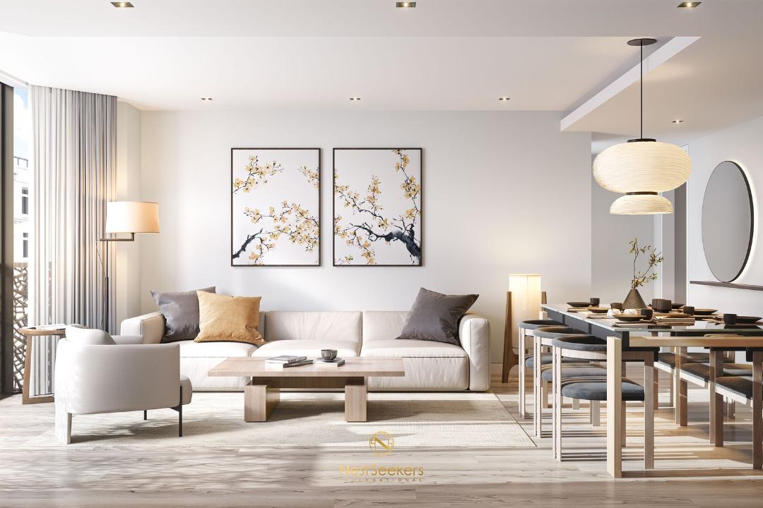 W1 Place London 2 bedroom open plan living room floor to ceiling bay windows oak floors KNX smart home