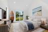 Virtual staged-Bedroom featuring a water view, light wood-style flooring, recessed lighting, and high vaulted ceiling