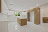 Kitchen featuring modern cabinets, a center island, light marble finish floors, and recessed lighting