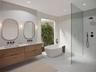 Bathroom featuring double vanity, a walk in shower, a soaking tub, and recessed lighting