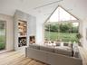 Living room featuring high vaulted ceiling, light wood-style floors, baseboards, and a fireplace