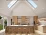 Kitchen with open shelves, a skylight, modern cabinets, and high vaulted ceiling