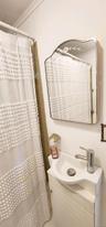 Bathroom with vanity, a shower with curtain, and crown molding