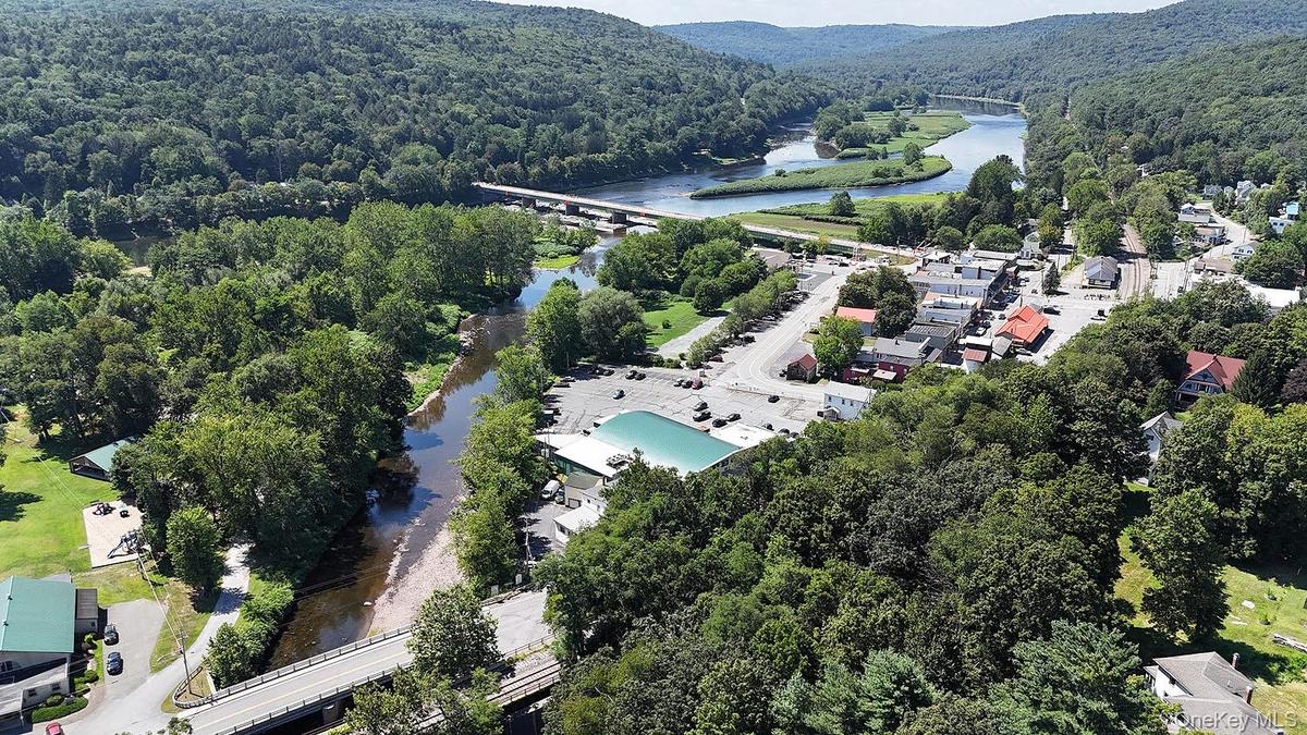 Bird's eye view of a heavily wooded area and a large body of water