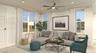 Living area featuring light wood-type flooring, baseboards, a ceiling fan, and recessed lighting