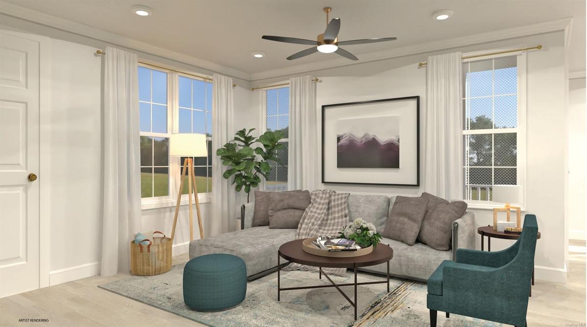 Sitting room with recessed lighting, baseboards, ceiling fan, and light wood finished floors