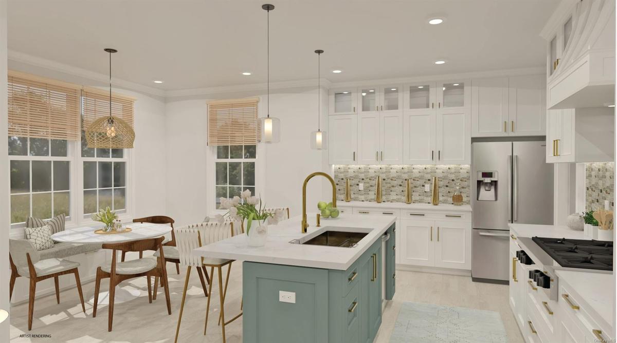 Kitchen featuring pendant lighting, a center island with sink, glass insert cabinets, a sink, and gas cooktop