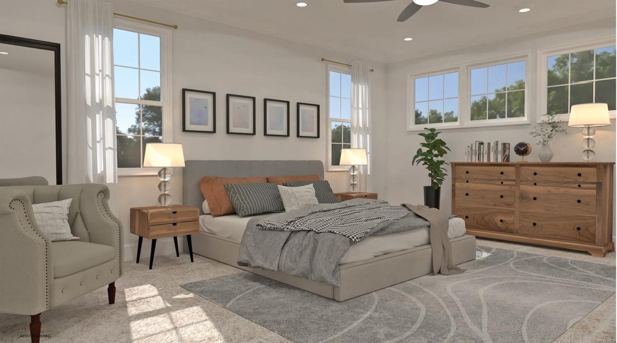 Bedroom featuring a ceiling fan, recessed lighting, light colored carpet, and crown molding