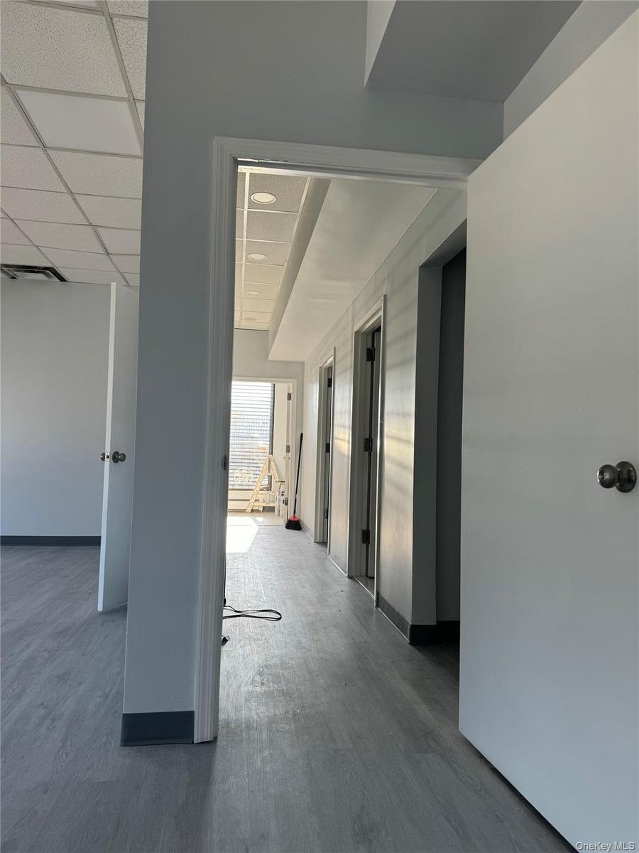 Hall with wood finished floors and a drop ceiling