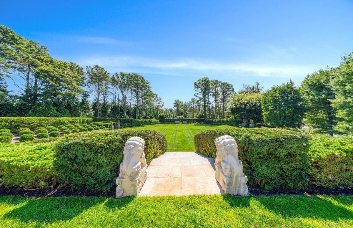 View of green lawn featuring view of scattered trees