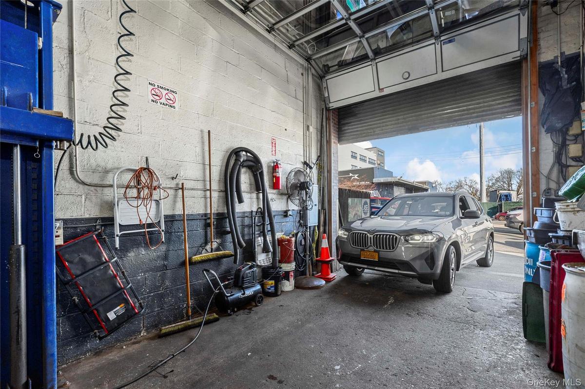 Garage with concrete block wall