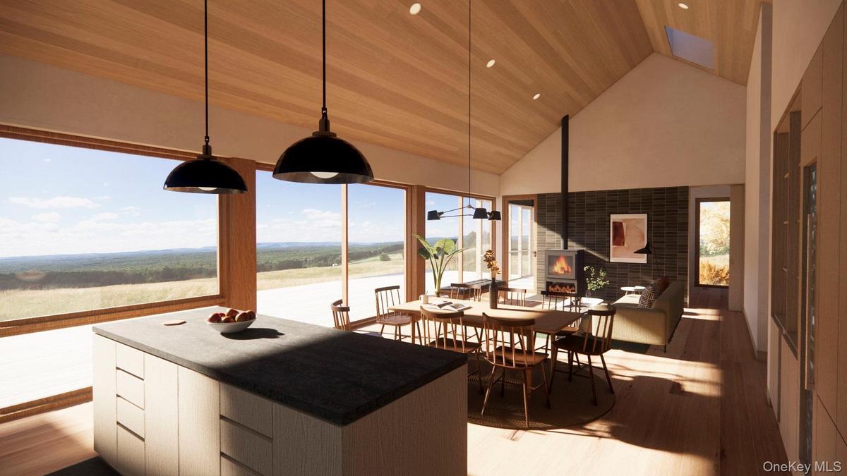 Kitchen with modern cabinets, decorative light fixtures, dark wood finished floors, high vaulted ceiling, and wooden ceiling