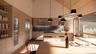 Kitchen featuring open shelves, pendant lighting, a peninsula, stainless steel built in fridge, and light wood finished floors