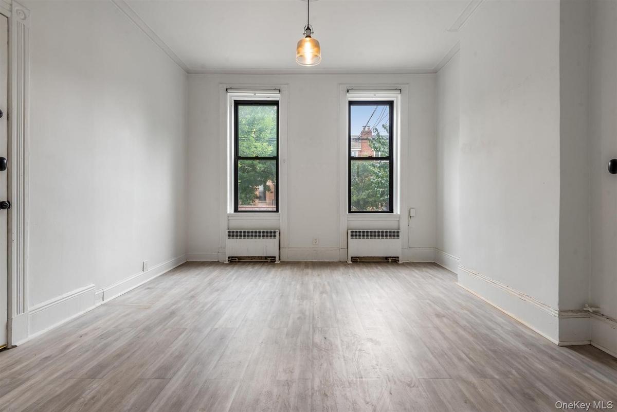 Unfurnished room with ornamental molding, light wood-style floors, and radiator