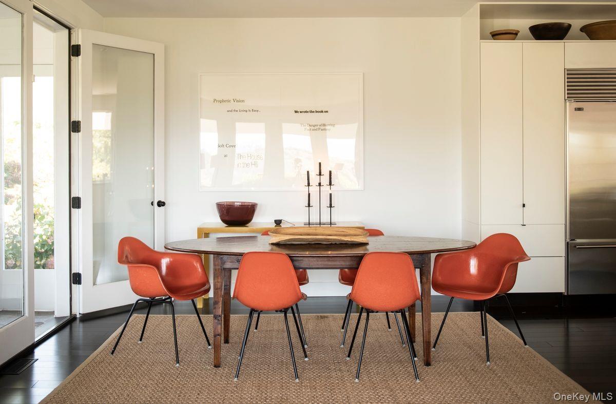 Dining space featuring dark wood-style floors