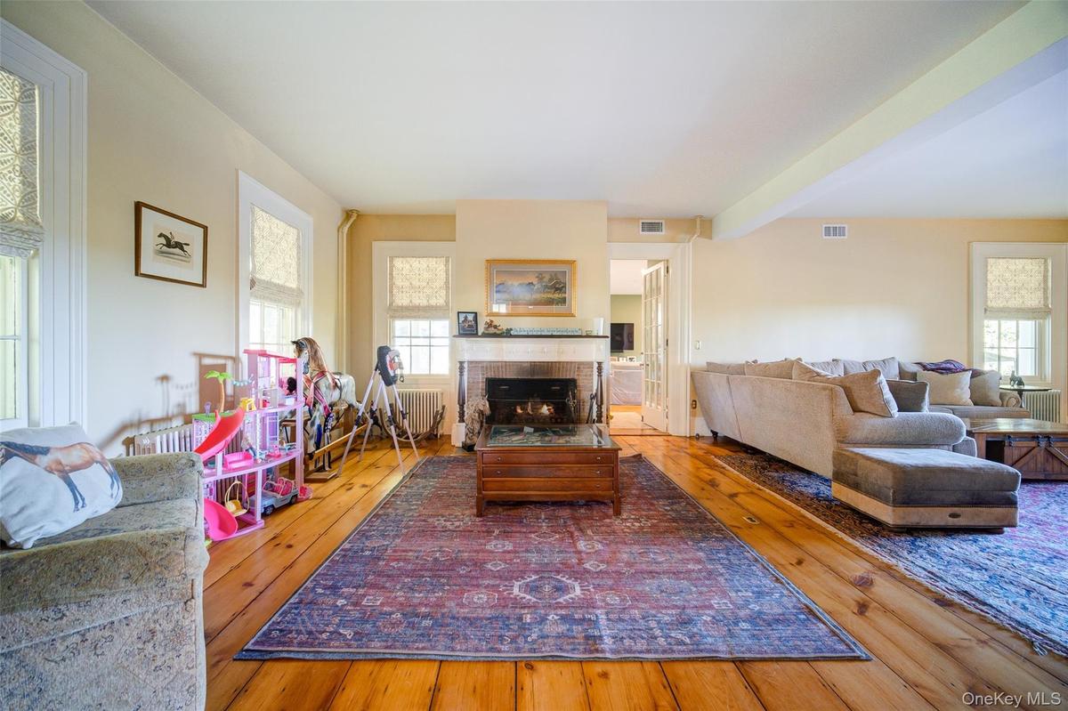 Living area with hardwood / wood-style flooring, a fireplace, and radiator