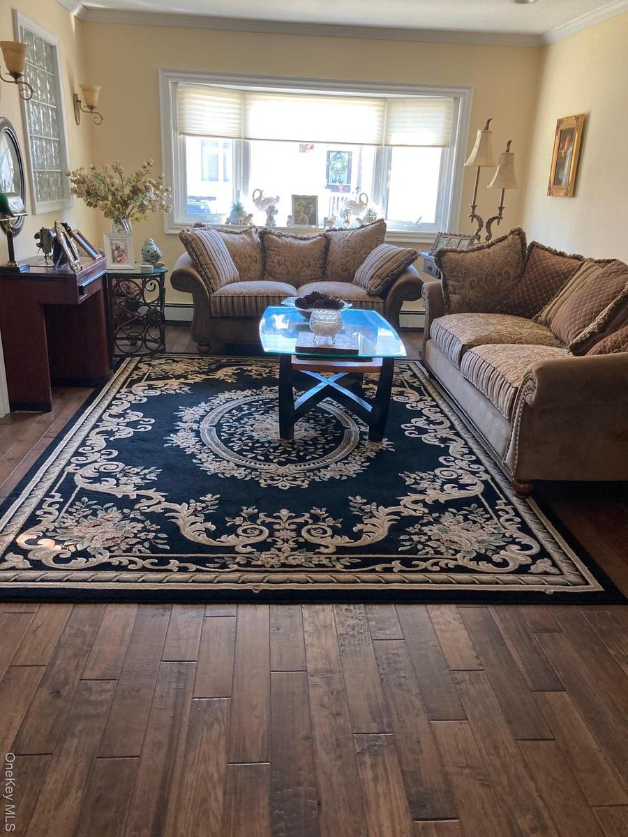 Living room with ornamental molding, healthy amount of natural light, hardwood / wood-style flooring, and a baseboard radiator